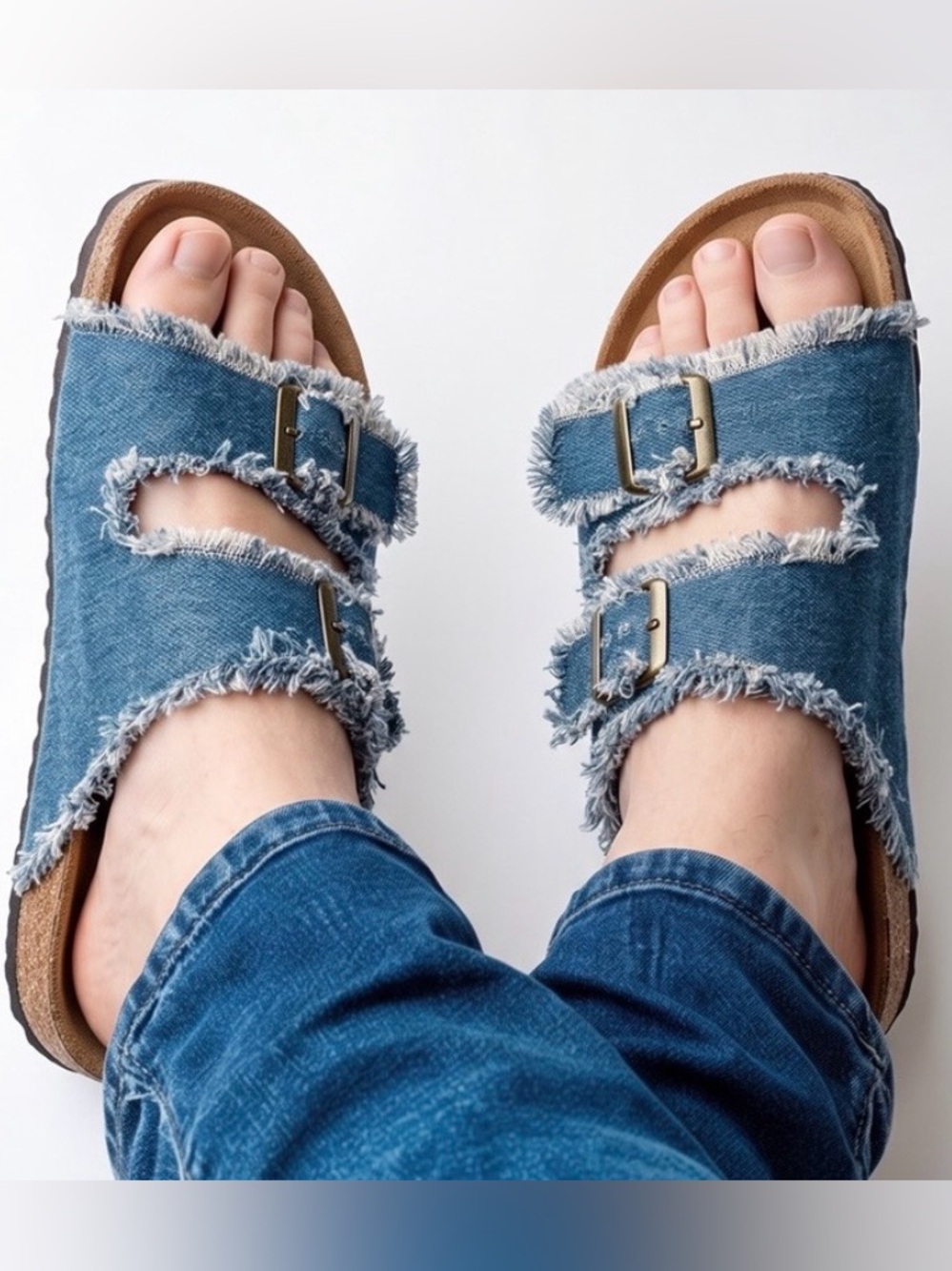 Olivia Miller BoHo Frayed Buckle Blue Denim Beach Summer Slide Sandals-6
